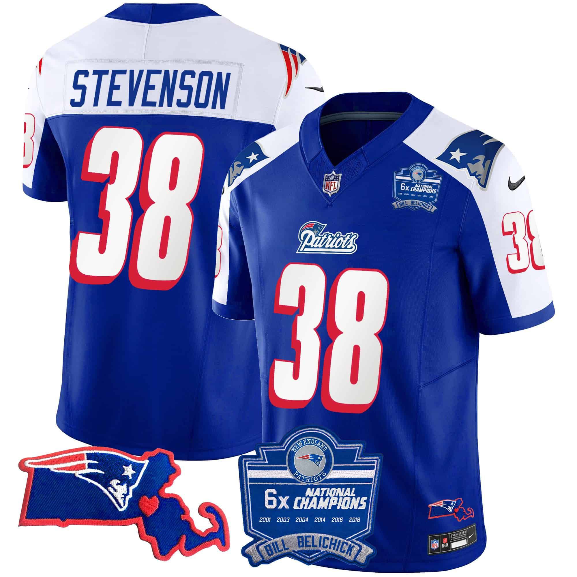 Men New England Patriots #38 Stevenson Blue 2024 Nike 6x Champions Patch Vapor Limited NFL Jersey